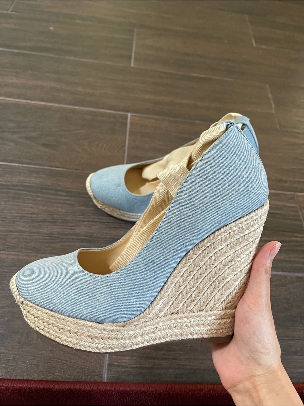 Jessica Simpson Light Blue Espadrille Wedge Pumps with Tan Ankle Tie
